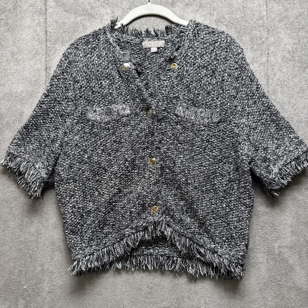 J.Crew Cropped fringe-trim lady jacket in marled yarn Large Preppy Office Career